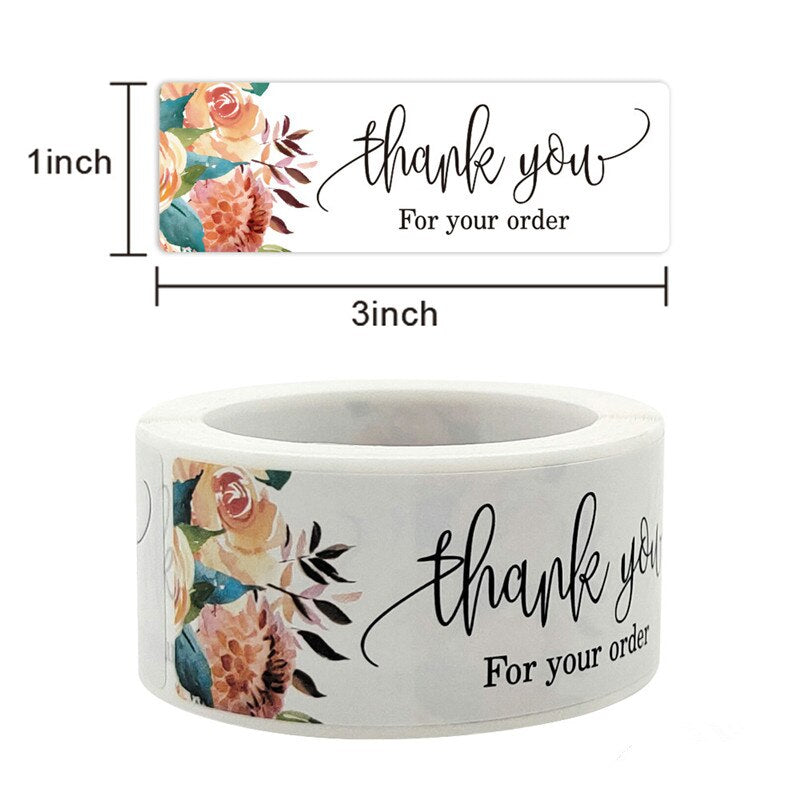 Flower Rose Rectangle Thank You Stickers 1*3Inch Sealing Ssicker Rolls for Packaging Student Gift Stationary Supplies