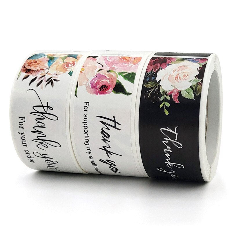 Flower Rose Rectangle Thank You Stickers 1*3Inch Sealing Ssicker Rolls for Packaging Student Gift Stationary Supplies