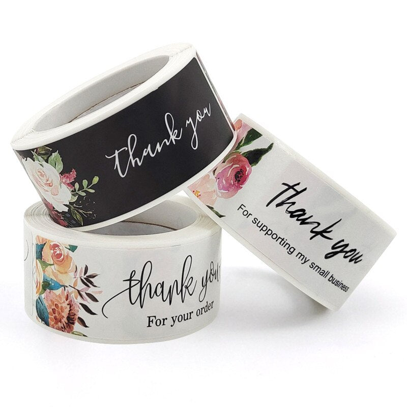 Flower Rose Rectangle Thank You Stickers 1*3Inch Sealing Ssicker Rolls for Packaging Student Gift Stationary Supplies