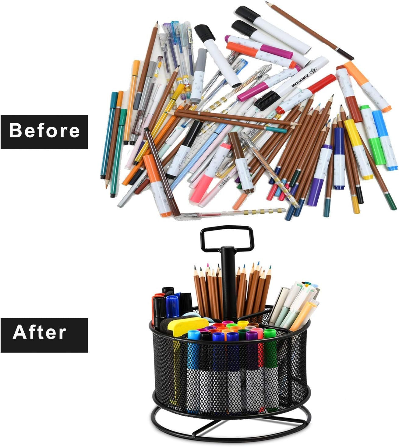 Mesh Desk Organizer, 360-Degree Rotating Multi-Functional Pen Holder, 4 Compartments Desktop Stationary Organizer, Home Office Art Supply Storage Box Caddy (Black)