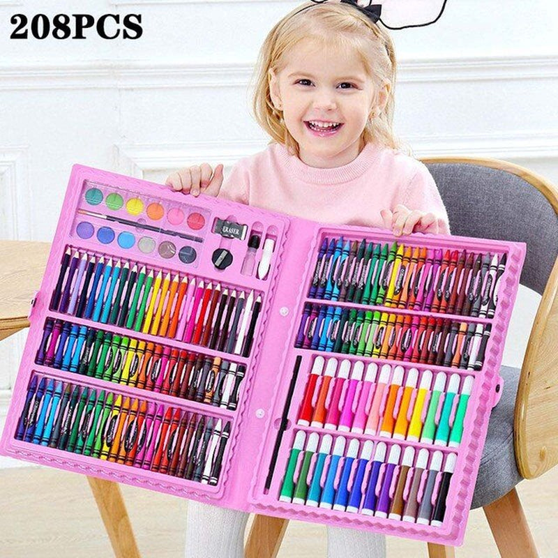 208 PCS Kid Draw Set Colored Pencil Crayon Watercolors Pens with Drawing Board Drawing Set Toy School Supplies Kid Gifts