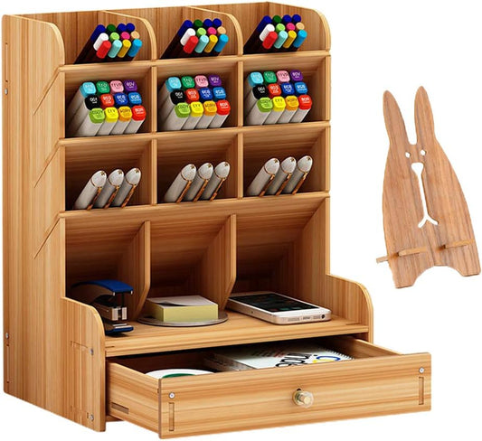 Wooden Desk Organizer, Multi-Functional DIY Pen Holder, Organizer for Desk, Desktop Stationary, Easy Assembly, Home Office Art Supplies Storage with Drawer (B11-Cherry Color)