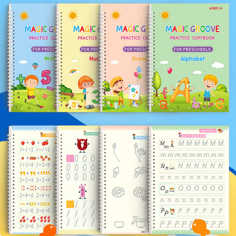 4Pcs Magic Groove Practice Copybook Pen Preschools English Verison Kids Calligraphy Children Reusable Writing Book Free Wiping