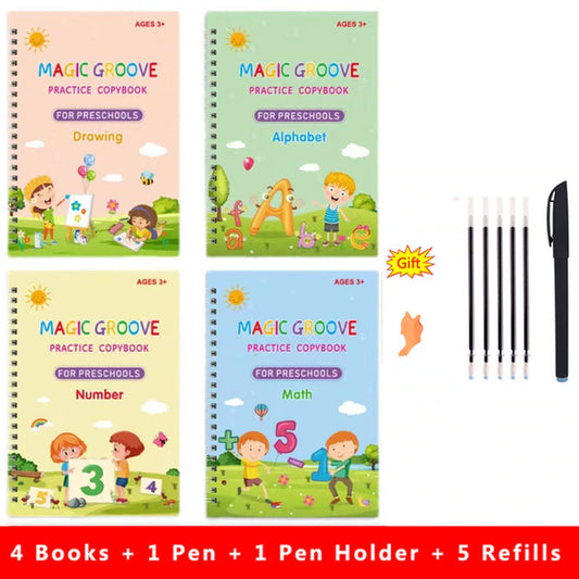 4Pcs Magic Groove Practice Copybook Pen Preschools English Verison Kids Calligraphy Children Reusable Writing Book Free Wiping