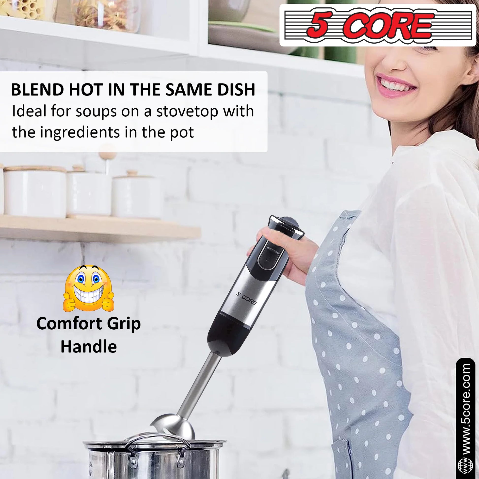 5 Core Powerful Immersion Blender| 500 Watt Multi-Purpose Hand Blender Heavy Duty Copper Motor Brushed Stainless Steel| for Soup, Smoothie, Puree, Baby Food, 304 Stainless Steel Blades- HB 1510