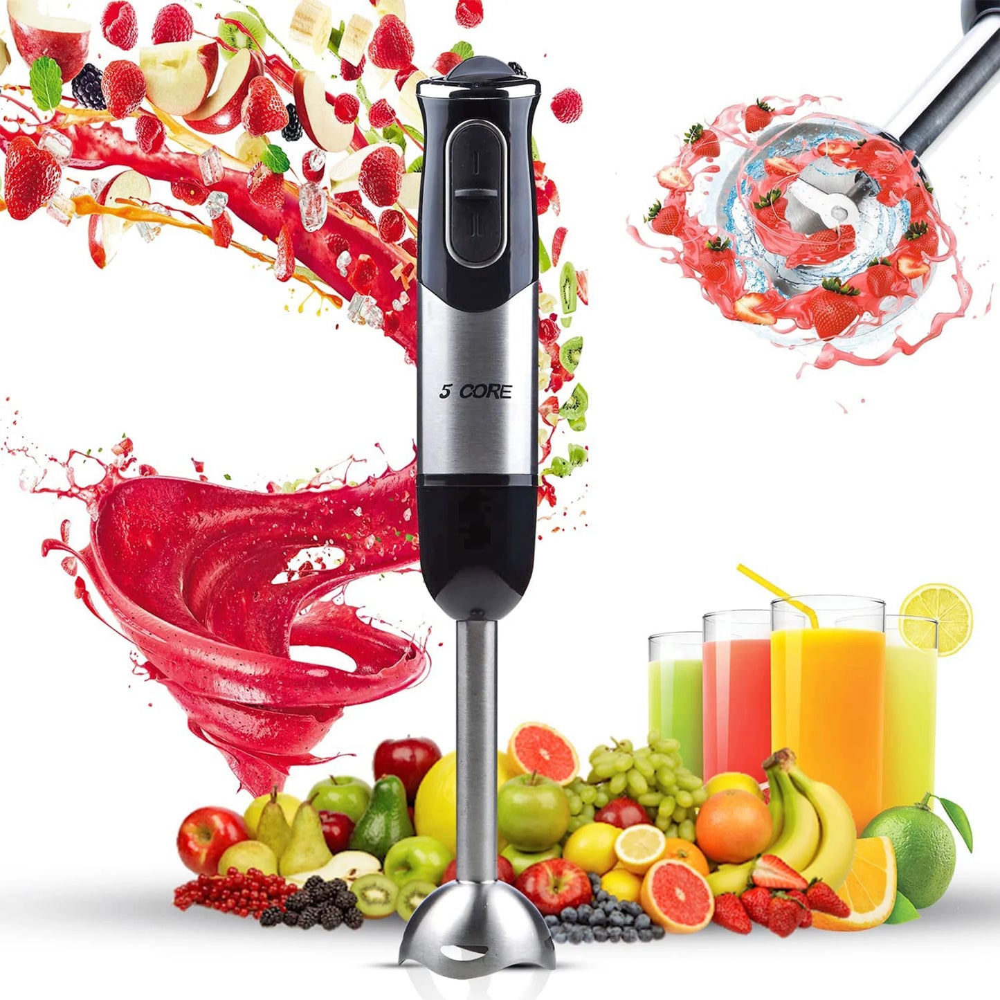 5 Core Powerful Immersion Blender| 500 Watt Multi-Purpose Hand Blender Heavy Duty Copper Motor Brushed Stainless Steel| for Soup, Smoothie, Puree, Baby Food, 304 Stainless Steel Blades- HB 1510