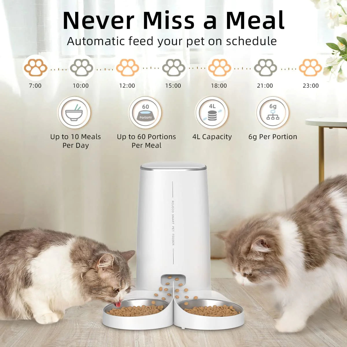 ROJECO Automatic Cat Feeder Pet Smart Cat Food Kibble Dispenser Remote Control Wifi Button Auto Feeder for Cats Dog Accessories