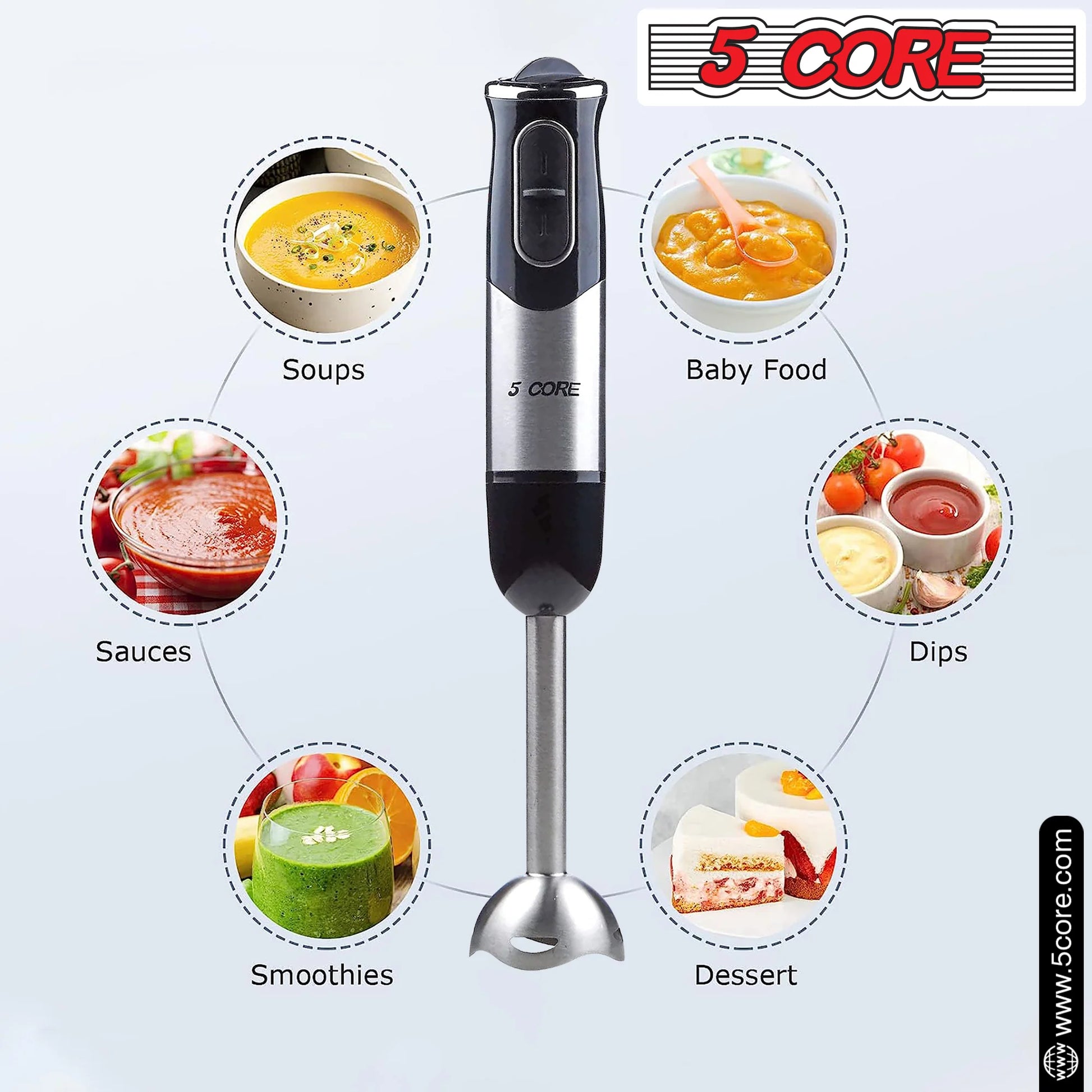 5 Core Powerful Immersion Blender| 500 Watt Multi-Purpose Hand Blender Heavy Duty Copper Motor Brushed Stainless Steel| for Soup, Smoothie, Puree, Baby Food, 304 Stainless Steel Blades- HB 1510