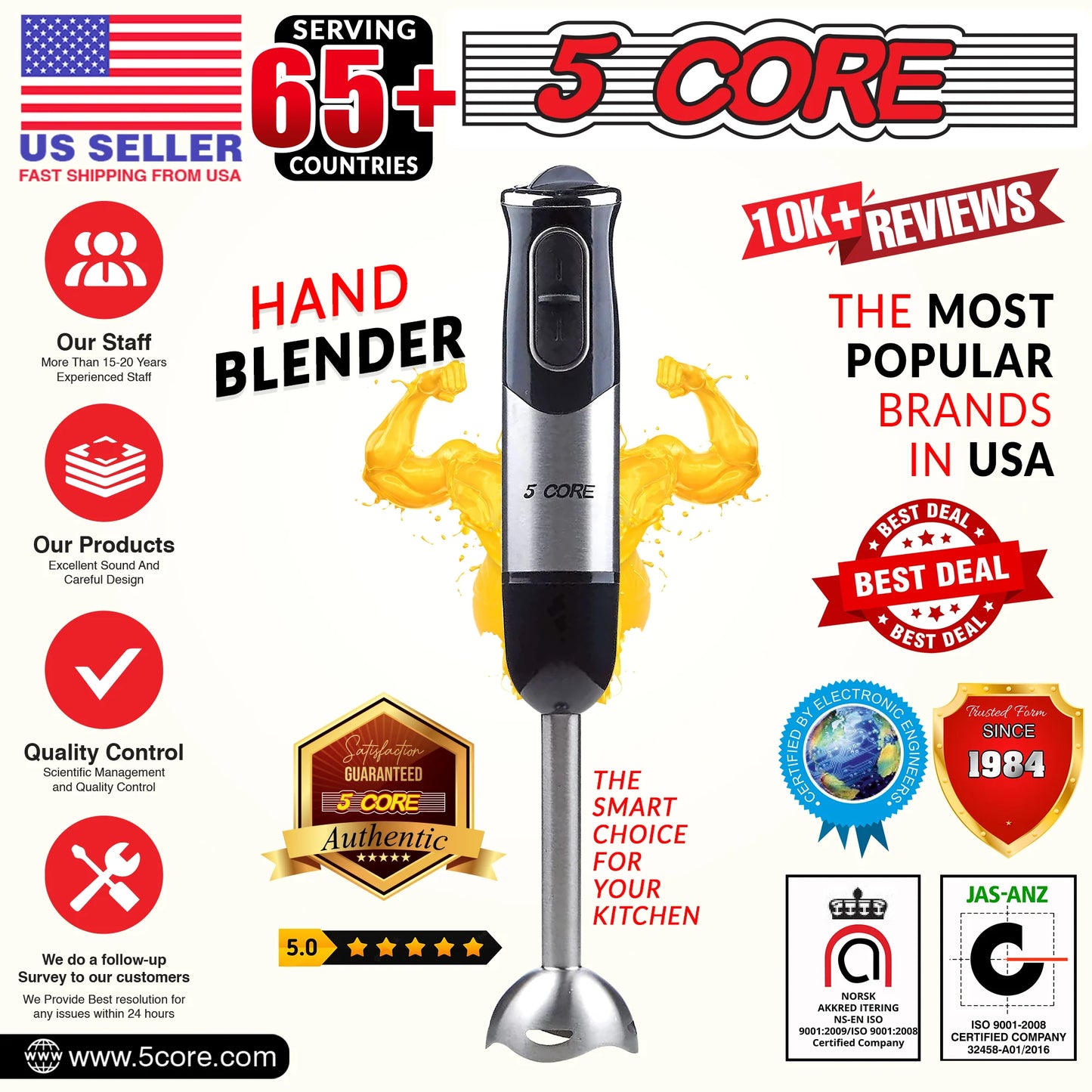 5 Core Powerful Immersion Blender| 500 Watt Multi-Purpose Hand Blender Heavy Duty Copper Motor Brushed Stainless Steel| for Soup, Smoothie, Puree, Baby Food, 304 Stainless Steel Blades- HB 1510